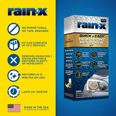 Rain-X 610200 2-Step Headlight Restorer Kit, Restores Clarity of Headlights Preventing Oxidation & Discoloration, Quick & Effective in Just 15 Mins with No Tools or Tape Required
